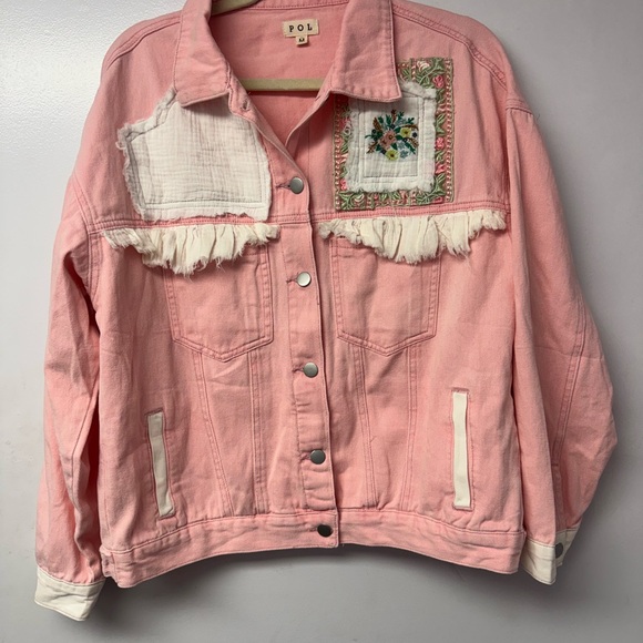POL Pink Denim Jacket Embroidered Floral Patch Oversized Medium Boho Festival - Picture 1 of 9